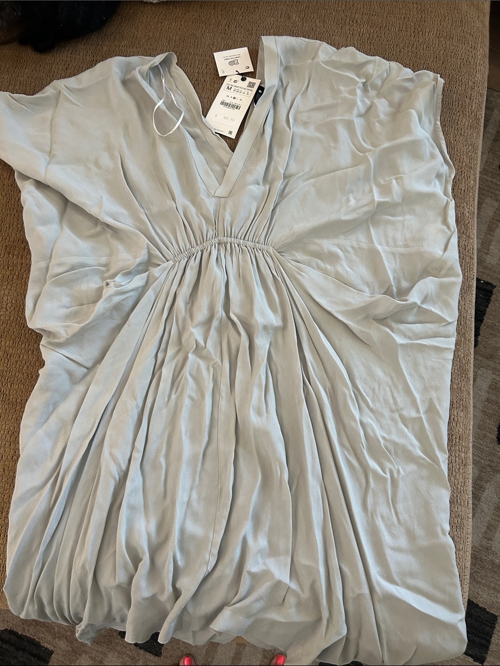 Zara Pale Blue Gathered V-Neck Tunic